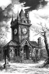 Poster - a drawing of a church with a clock tower