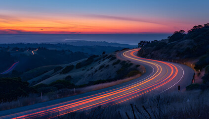 Wall Mural - A long exposure photo of a highway at sunset, with light trails from cars creating streaks across the horizon. The road leads into the distance, with hills in the background, evoking a sense of speed.