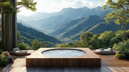 Poster - A wooden bathtub is surrounded by a lush green forest
