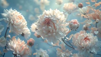 Poster - Delicate White Chrysanthemums against a Blue Sky