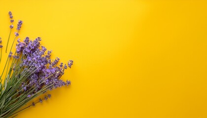 Wall Mural - a flatlay of a lavender flower bouquet on a yellow background with copy space image perfect for lavender aromatherapy promotion