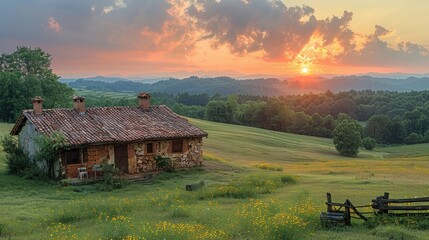 Wall Mural - Sunset over a rural cottage