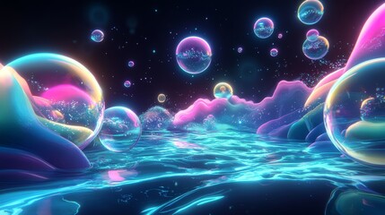 Wall Mural - Calming underwater environment with softly glowing, multicolored bubbles slowly ascending toward a serene anime-style background with dynamic shapes, waves, and light