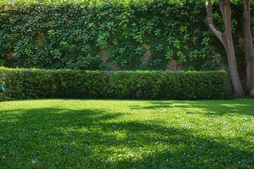 Poster - A lush green lawn with a hedge bordering it