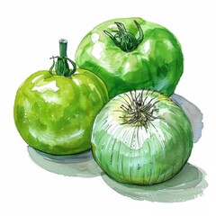 Sticker - a painting of three green tomatoes on a white surface