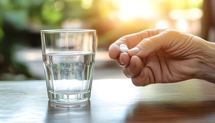 Close up of an elderly person's hand holding one small white pill near a glass of water on a table, with a blurred background