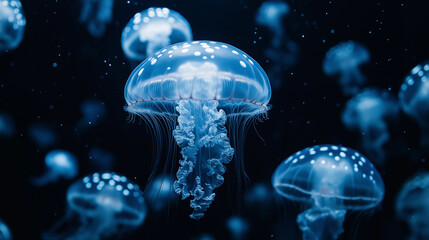 Wall Mural - Underwater life. Blue jellyfish swims in the ocean. Sea life.	