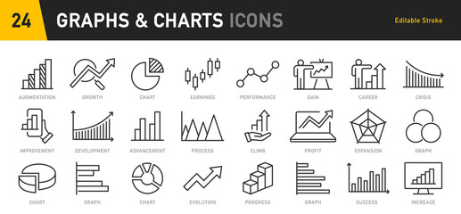 Poster - Graph and Charts web icons in line style. Graphics, infographic, statistics, data, diagrams, economy reduction, finance, down or up arrow, business, increase, decrease. Vector illustration.