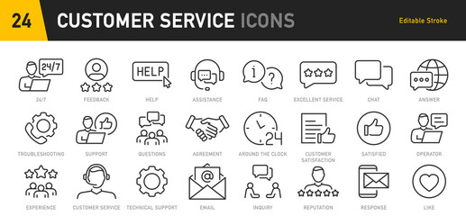 Poster - Customer service web icon set in line style. Support, help, online, feedback, assistance, collection. Vector illustration.