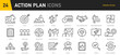 © iiierlok_xolms - Action plan web icon set in line style. Schedule, plan, implementation, strategy, analysis, collaboration, check, collection. Vector illustration.