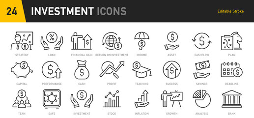 investment web icons in line style. business, profit, risk management, finance, economic, money, col