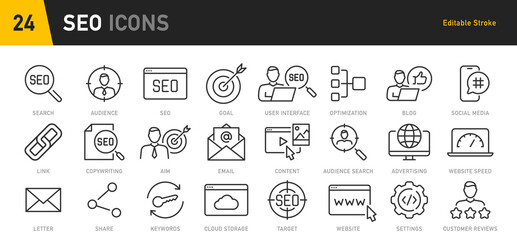 Poster - SEO web icons in line style. Contact, target, business and marketing, traffic, ranking, optimization, website collection. Vector illustration.