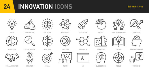 Poster - Innovation web icons in line style. Creativity, Finding solution, Brainstorming, technology, teamwork, Inspiration, Creative thinking, Brain. Vector illustration.Web