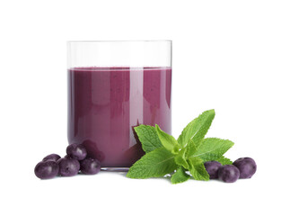 Sticker - Tasty acai juice in glass, mint and berries isolated on white