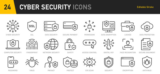 Poster - cyber security web icons in line style. guard, cyber security, password, smart home, safety, data pr