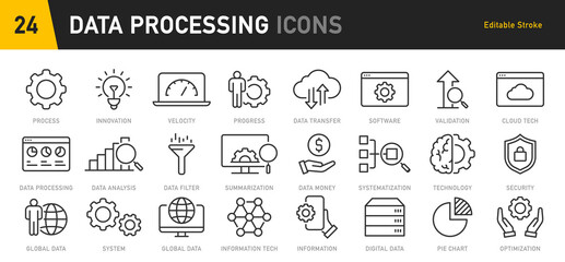 Poster - Data Processing web icons in line style. Analytics, gear, network, statistic, filter, diagrams, technology. Icon collection. Vector illustration.