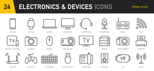Poster - Electronics and Devices web icons in line style. Computing, social network, management, internet, network, programming, Internet connection collection. Vector illustration.
