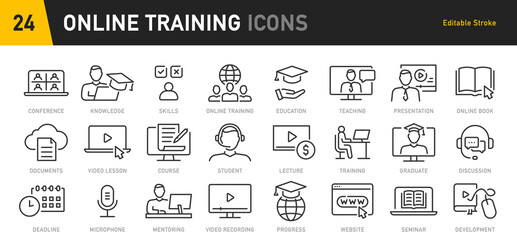 Wall Mural - Online Training web icons in line style. Education, seminar, online test, webinar, course, distance learning collection. Vector illustration.