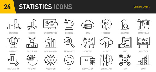 Poster - Statistics web icons in line style. Data, optimization, analysis, survey, price, collection. Vector illustration.