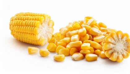 broken corn on cobs kernels peeled isolated on white background