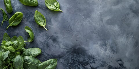 Wall Mural - A cluster of fresh green spinach leaves on a dark textured background, presenting a stark, vivid contrast enhancing the leafy greens.