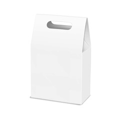 Wall Mural - white blank folding cardboard gable box with die cut carry handle. realistic 3d vector mock-up. pape