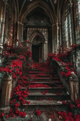 Canvas Print - a stairway with red roses growing on it