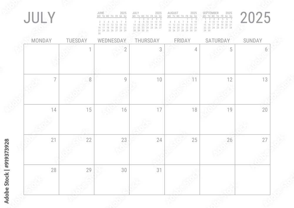 July Calendar 2025 Monthly Planner Printable A4 Monday Start Stock