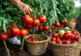 A gardener harvesting ripe tomatoes from a vine, with baskets of fresh produce nearby