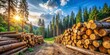 © Arethaawykoff - Majestic trees stand tall in a sustainably managed forest, certified logs piled neatly, ensuring eco-friendly practices in the timber industry.