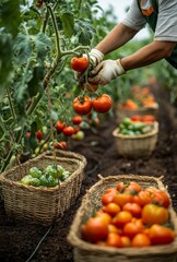 A gardener harvesting ripe tomatoes from a vine, with baskets of fresh produce nearby