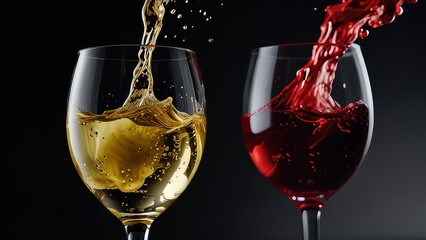 Two glasses of red and white wine collide in a dance