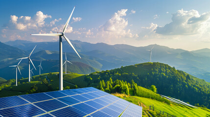 Solar farm, Solar cells panels and wind turbines for electricity alternative renewable energy on top of mountain. .