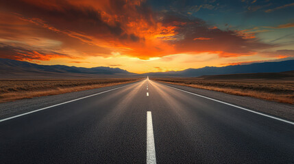 A long road with a sunset in the background