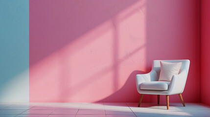 Poster - Sunlight casting shadows from a window on a pink wall in a room with a white armchair