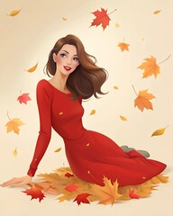 Wall Mural - Autumn woman in red dress with falling leaves. illustration.