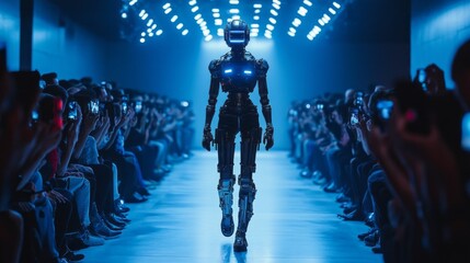 Poster - A robot walks down a runway in front of a crowd of people