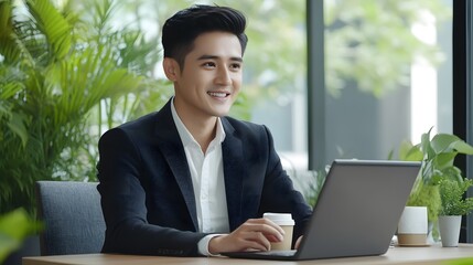 Portrait of a handsome young Asian businessman working with a pretty smiling female coworker during a meeting in a modern office, 