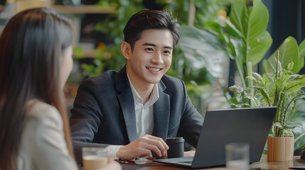 Portrait of a handsome young Asian businessman working with a pretty smiling female coworker during a meeting in a modern office, 