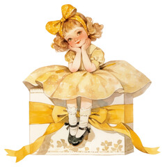 Poster - PNG Vintage girl sitting gift box