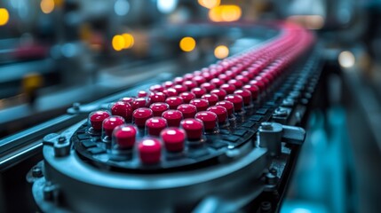 Poster - A conveyor belt with red pills on it