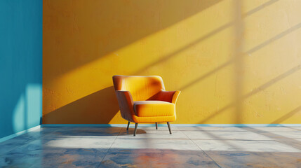 Wall Mural - Sunny room with a yellow armchair creating a shadow on a yellow wall