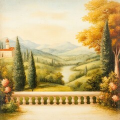 Renaissance landscape with a serene river and distant mountains under a clear sky