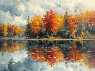 Canvas Print - Autumn Reflection in a Tranquil Lake