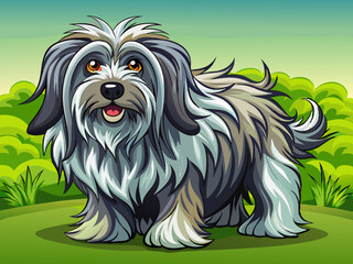 Wall Mural - illustration vector of rare Bergamasco Sheepdog standing, with its long, matted coat forming natural dreadlocks in shades of gray and black, green isolated background