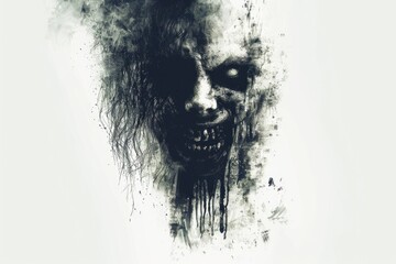 Wall Mural - A close-up portrait of a decaying zombie face in monochrome tones