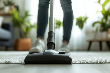 a close-up photo of person in jeans with a vacuum cleaner vacuuming a fluffy white carpet in a stylish white sunlit room with green plants