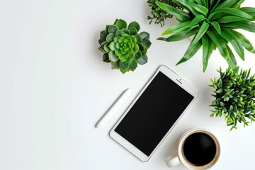Poster - A cup of coffee and a cell phone sit on a table, awaiting use