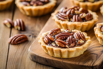 pecan pie tarts on rustic wood. a popular treat in canada and during christmas.