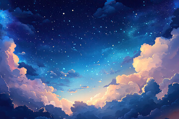 Wall Mural - Beautiful night sky with stars and white clouds in anime style